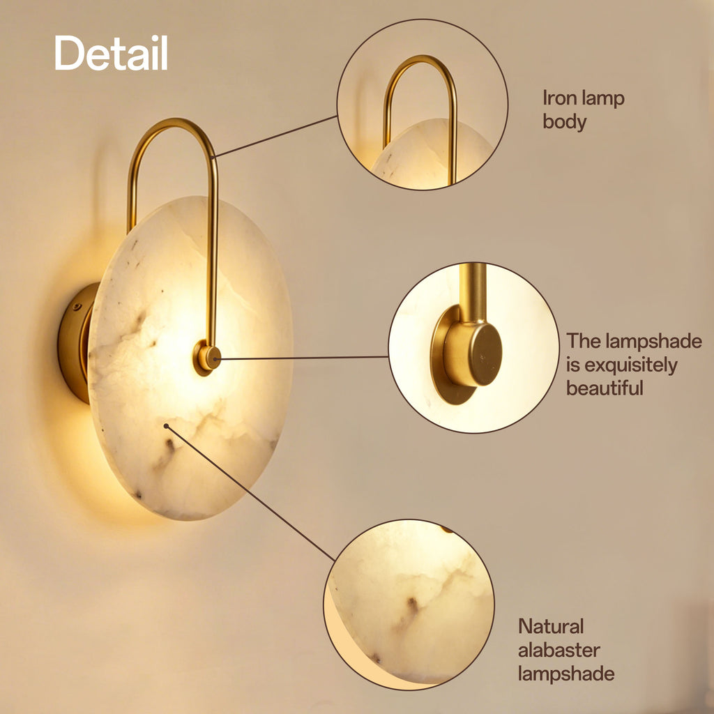 Dehowell 9.84in Round Modern Dimmable Led Alabaster Wall Sconce With Remote Control, Brass Accent