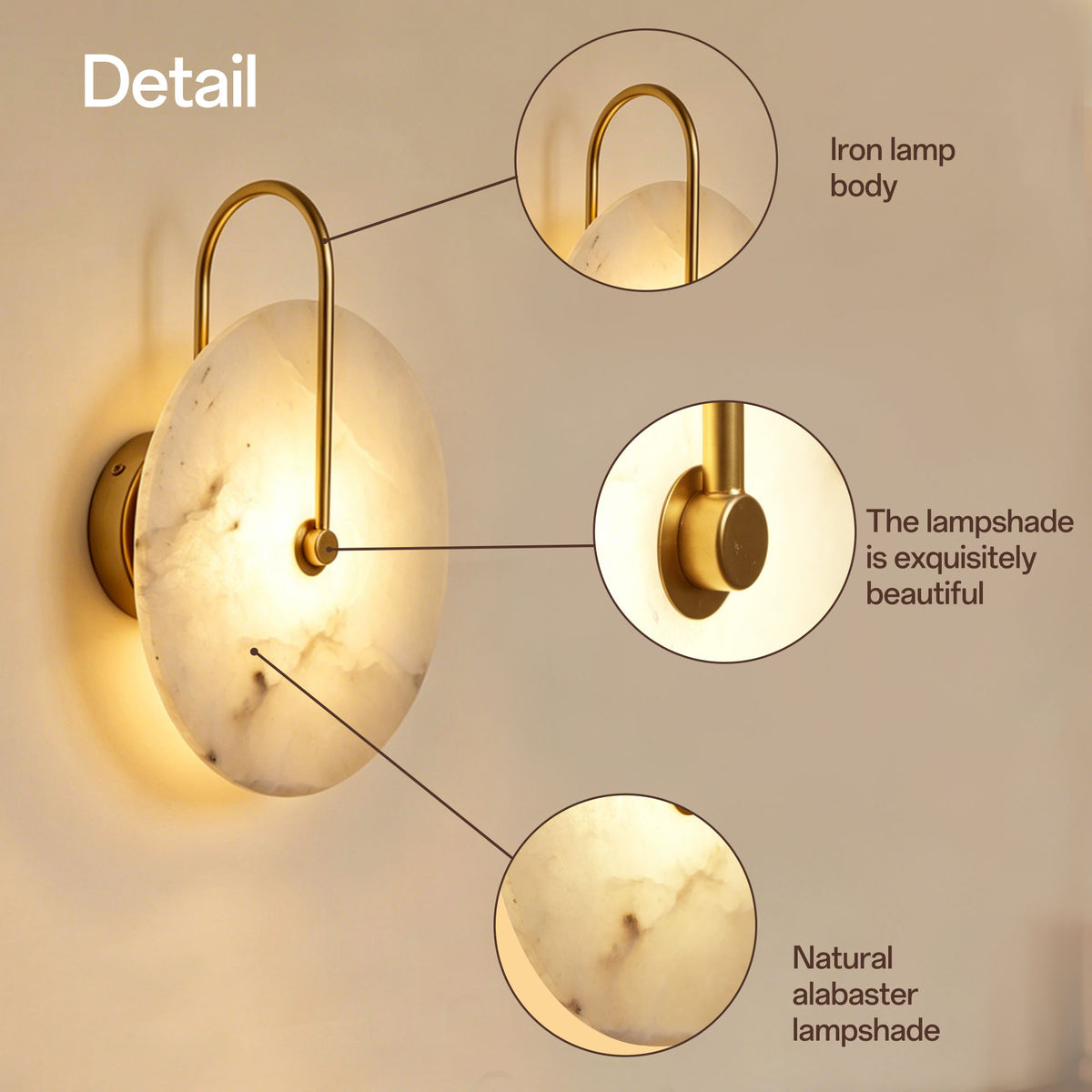 Dehowell 9.84in Round Modern Dimmable Led Alabaster Wall Sconce With Remote Control, Brass Accent