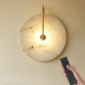Dehowell 9.84in Round Modern Dimmable Led Alabaster Wall Sconce With Remote Control, Brass Accent