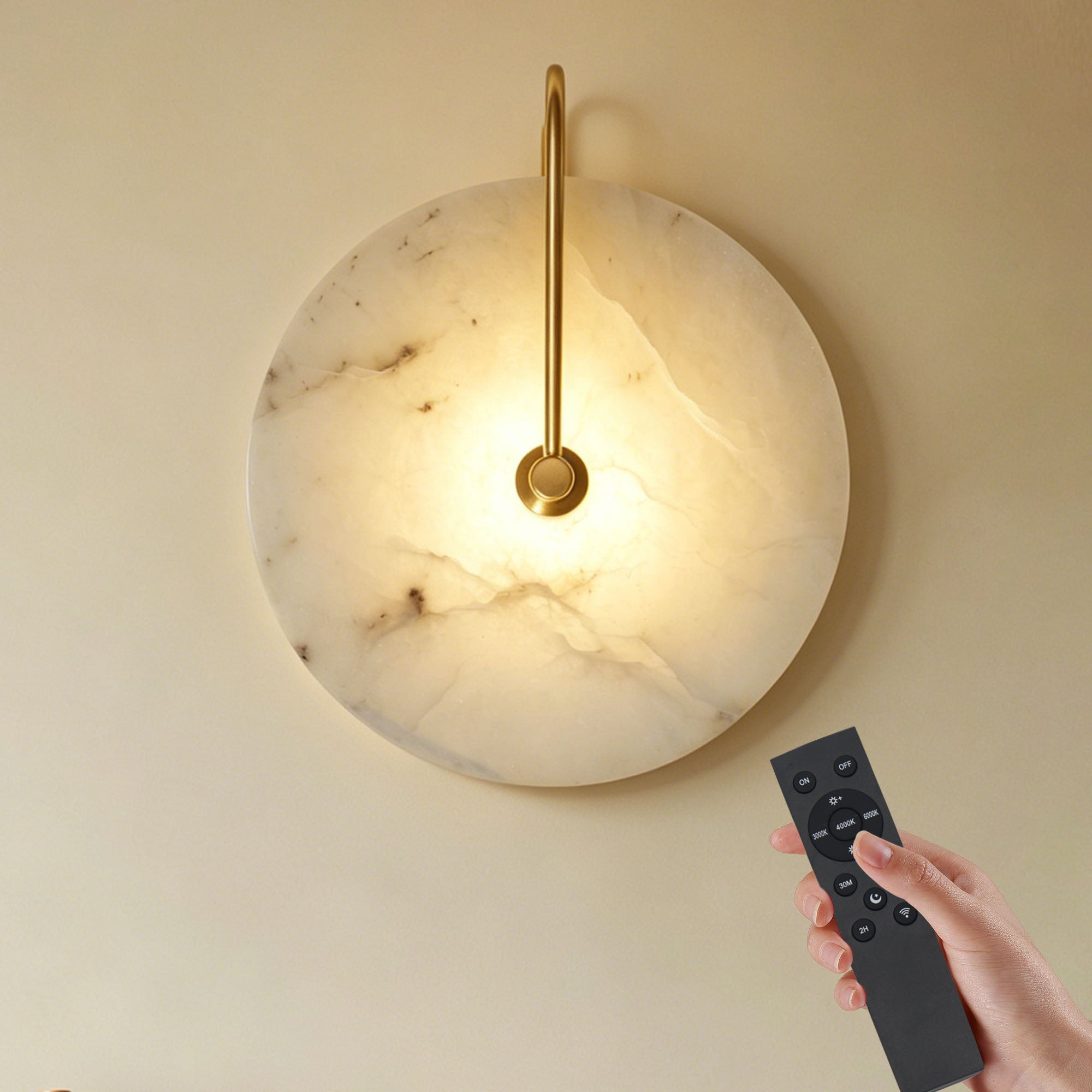 Dehowell 9.84in Round Modern Dimmable Led Alabaster Wall Sconce With Remote Control, Brass Accent