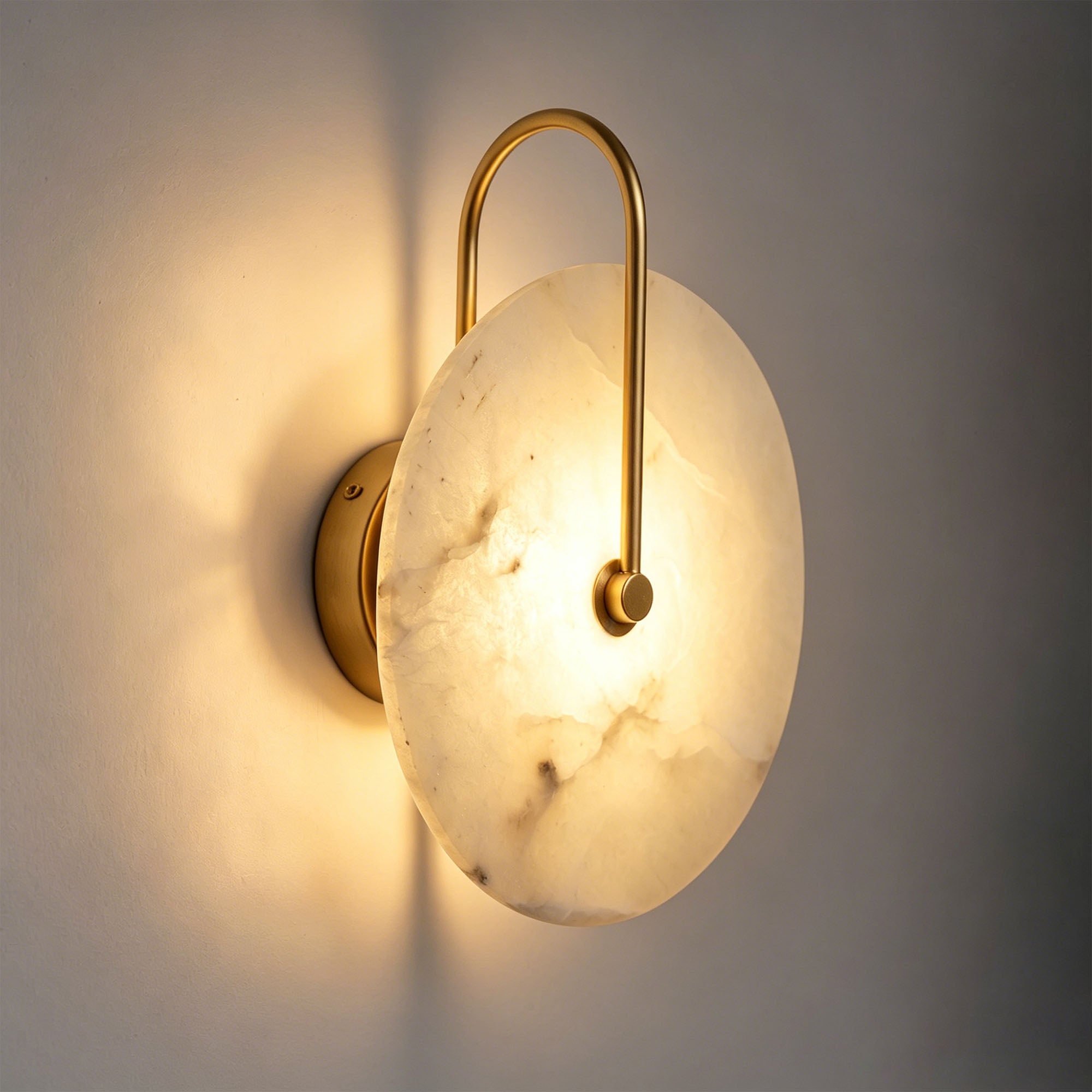 Dehowell 9.84in Round Modern Dimmable Led Alabaster Wall Sconce With Remote Control, Brass Accent