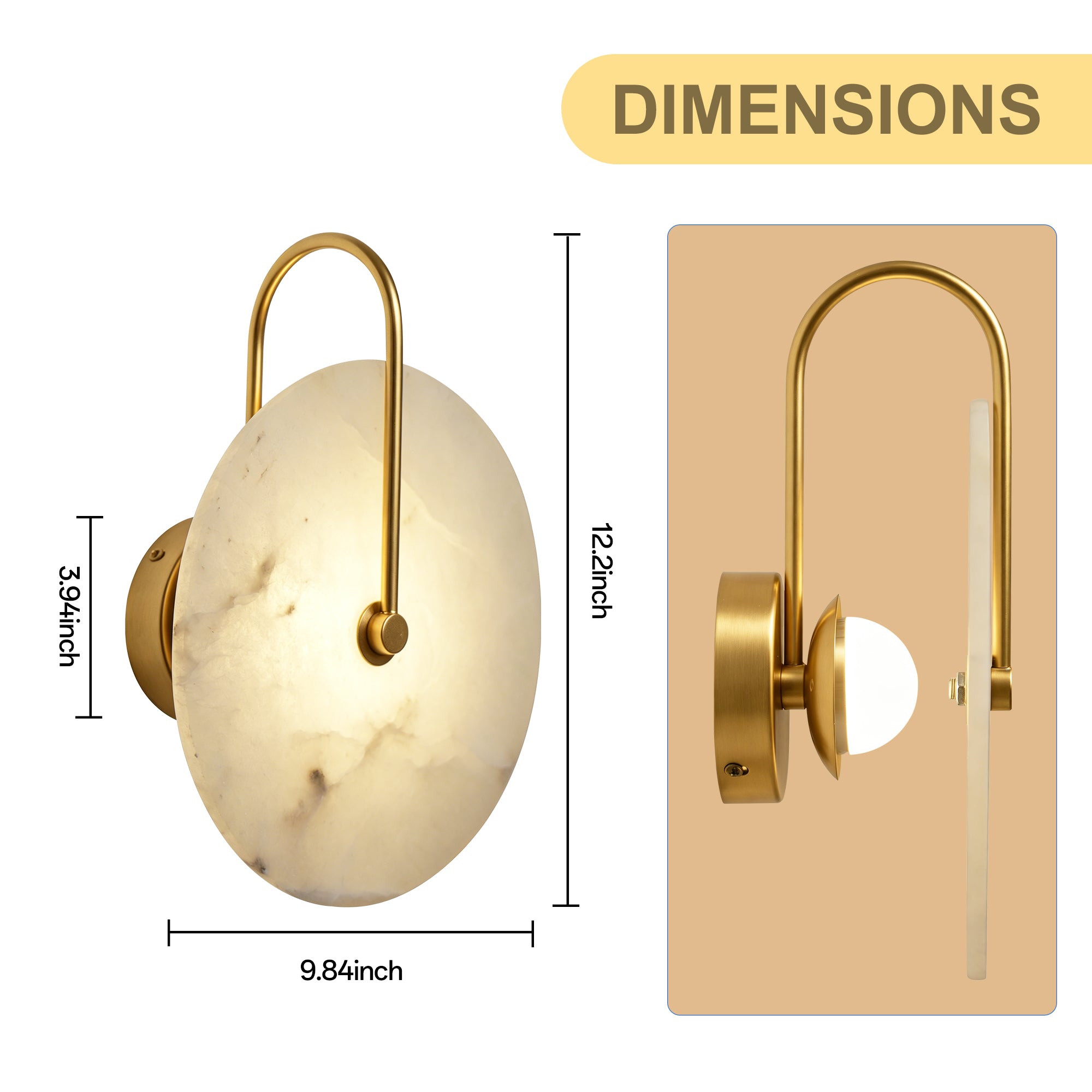 Dehowell 9.84in Round Modern Dimmable Led Alabaster Wall Sconce With Remote Control, Brass Accent