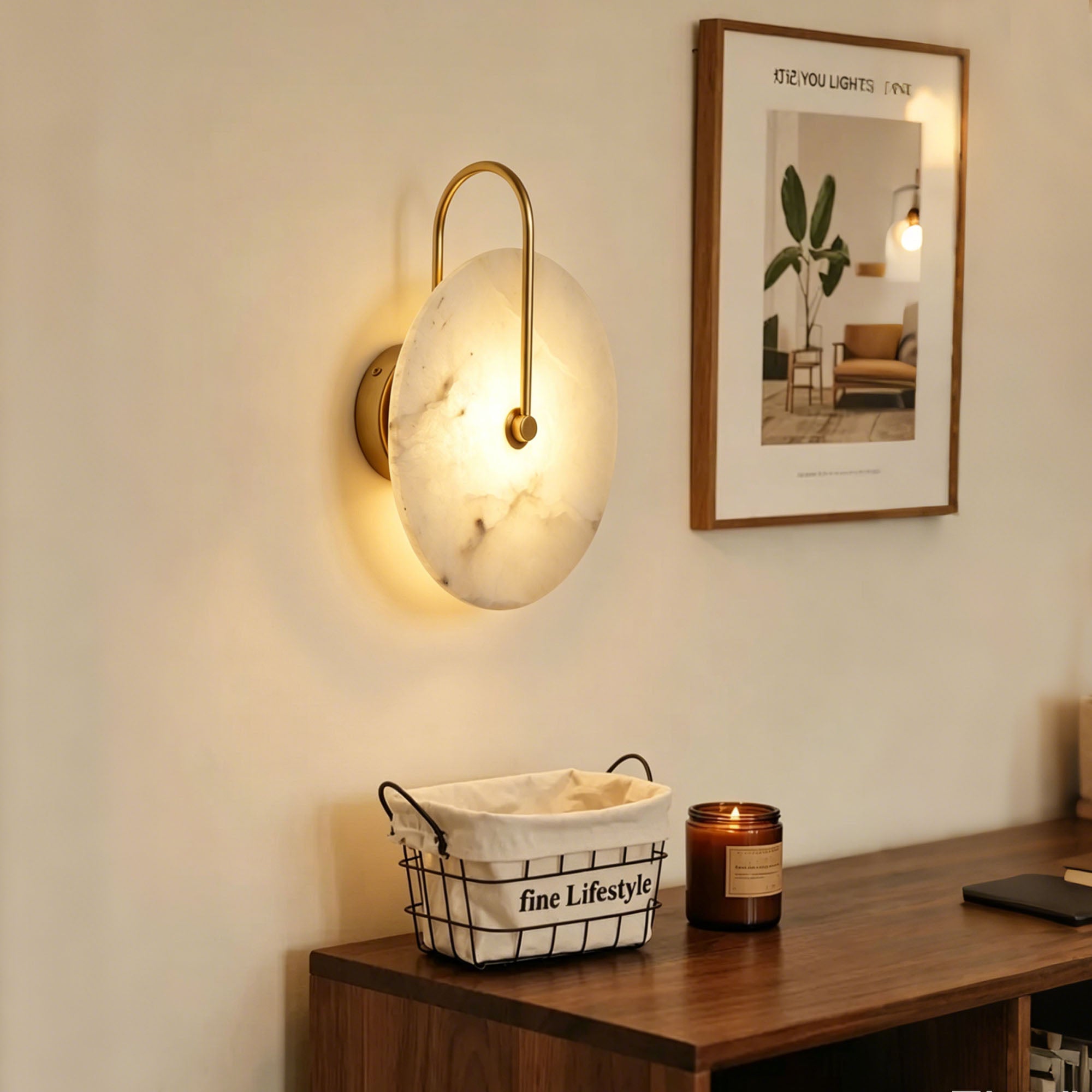 Dehowell 9.84in Round Modern Dimmable Led Alabaster Wall Sconce With Remote Control, Brass Accent