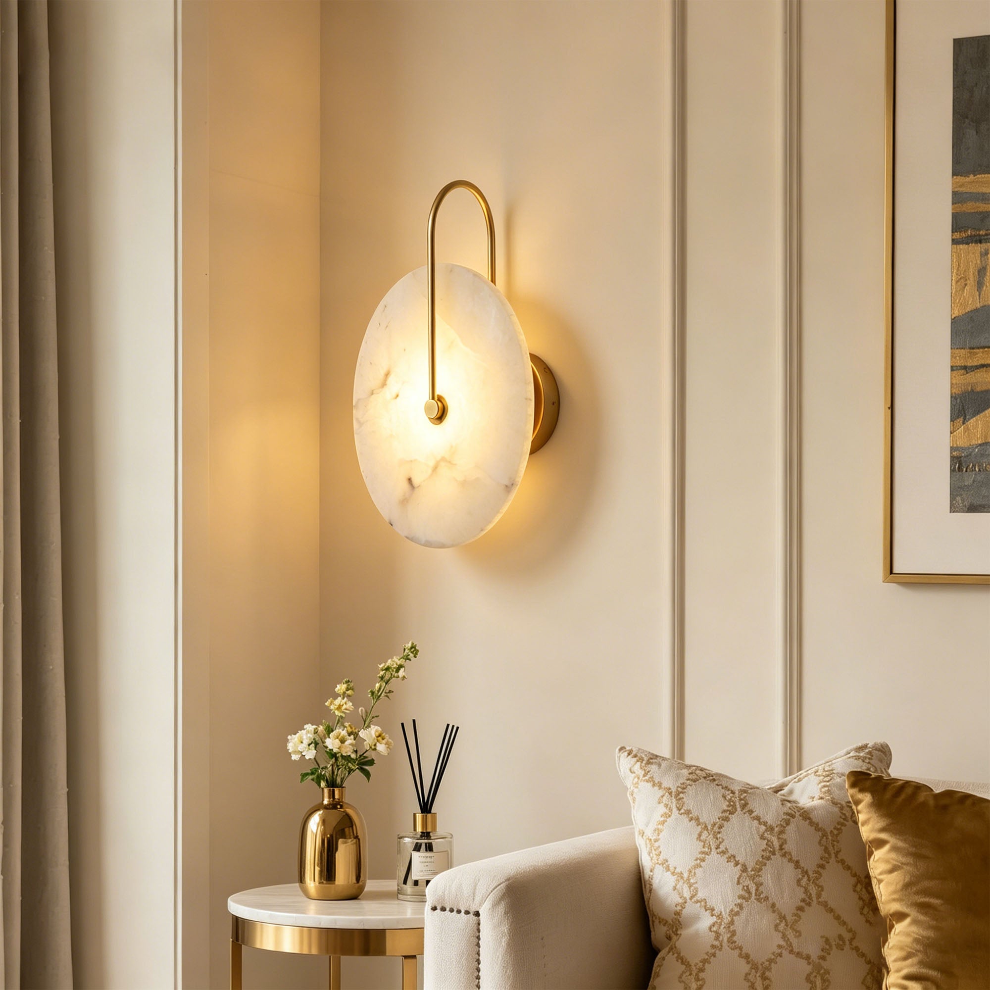 Dehowell 9.84in Round Modern Dimmable Led Alabaster Wall Sconce With Remote Control, Brass Accent