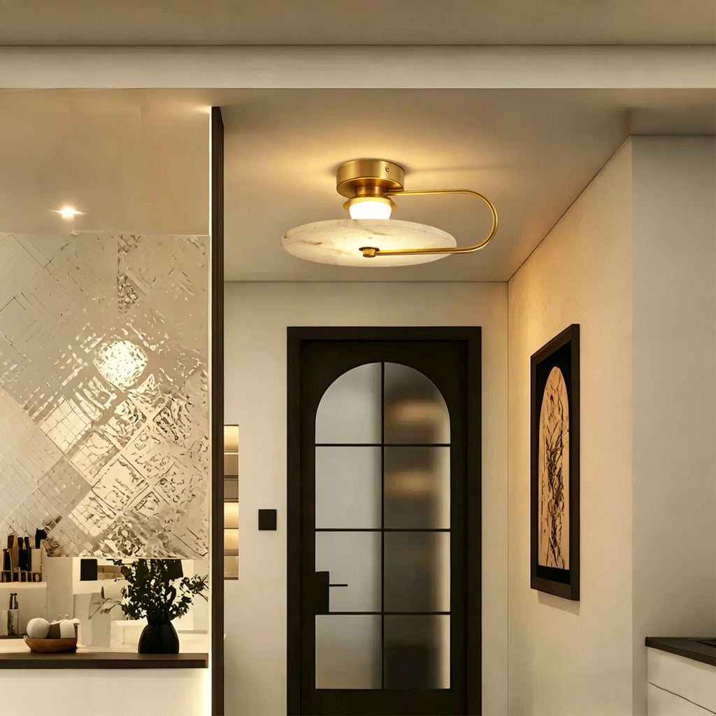 Dehowell 9.84in Round Modern Dimmable Led Alabaster Wall Sconce With Remote Control, Brass Accent