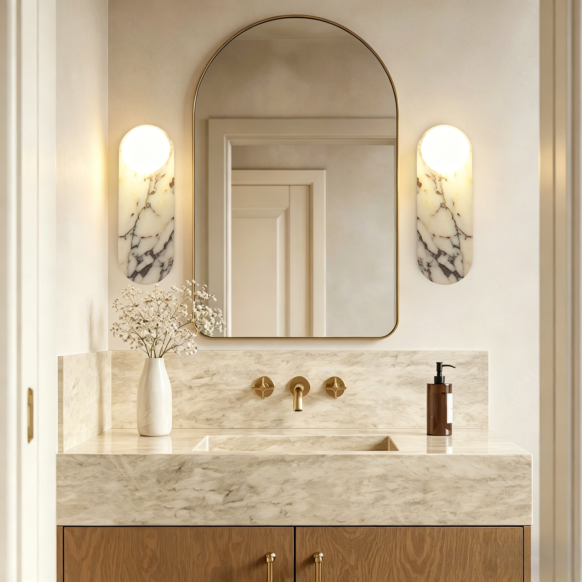 Dehowell 13.78in Bulgari Marble Wall Sconces,modern Nutural Alabaster Wall Light With Glass Globe Shade,g9 Lights Including (Set of 2)