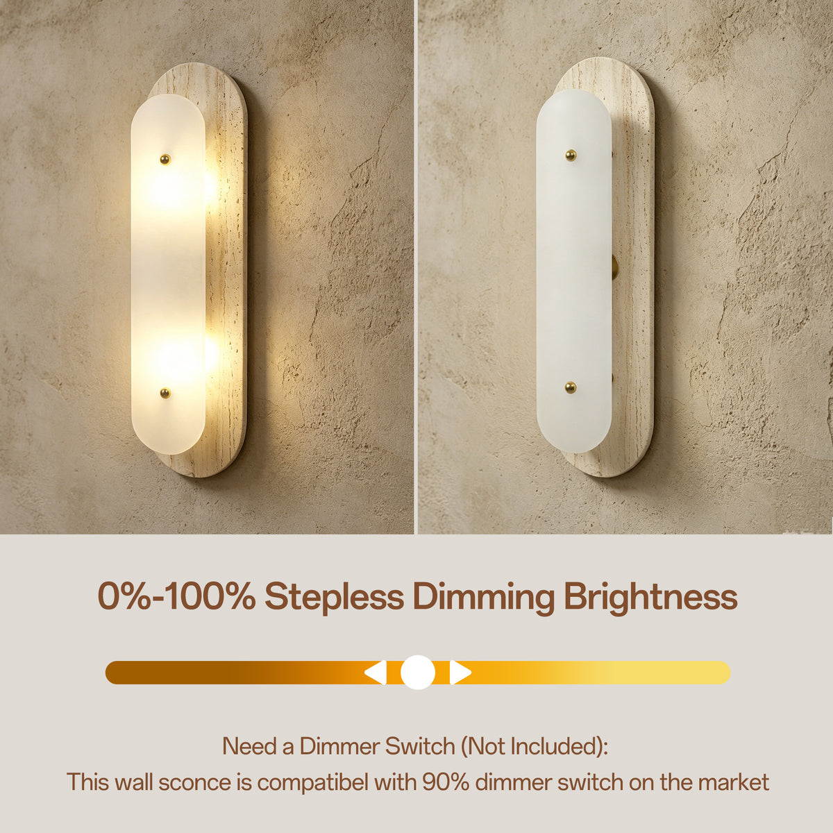 Modern 2-Light 19.68in Travertine and Alabaster LED Flush Mount Wall Sconce with Brass Accent