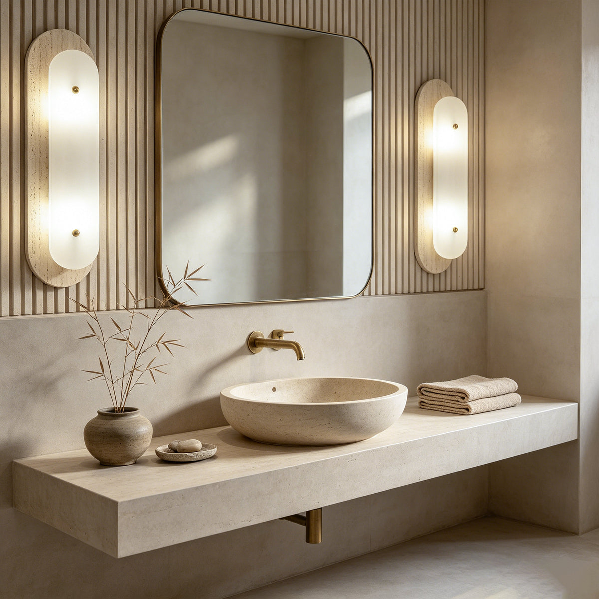 Modern 2-Light 19.68in Travertine and Alabaster LED Flush Mount Wall Sconce with Brass Accent