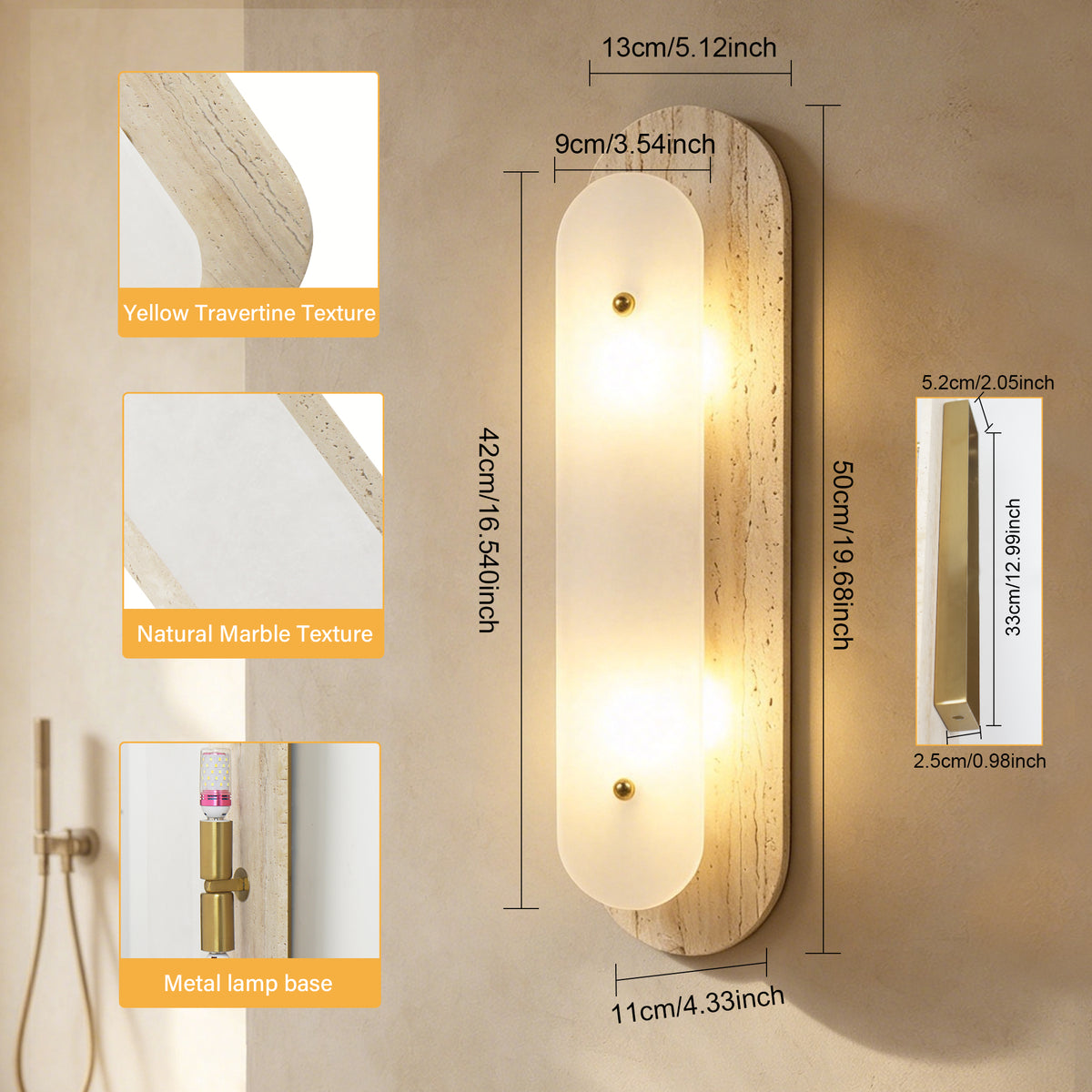 Modern 2-Light 19.68in Travertine and Alabaster LED Flush Mount Wall Sconce with Brass Accent