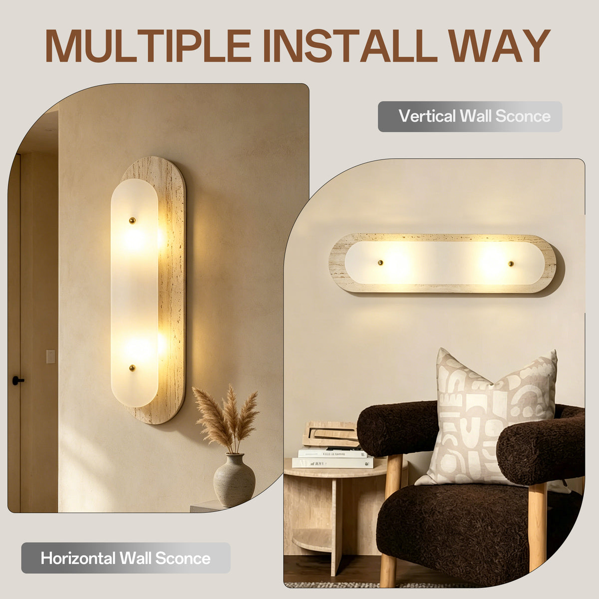 Modern 2-Light 19.68in Travertine and Alabaster LED Flush Mount Wall Sconce with Brass Accent