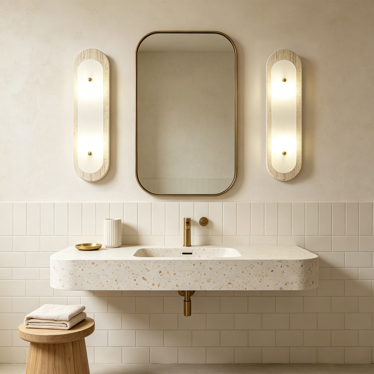 Modern 2-Light 19.68in Travertine and Alabaster LED Flush Mount Wall Sconce with Brass Accent