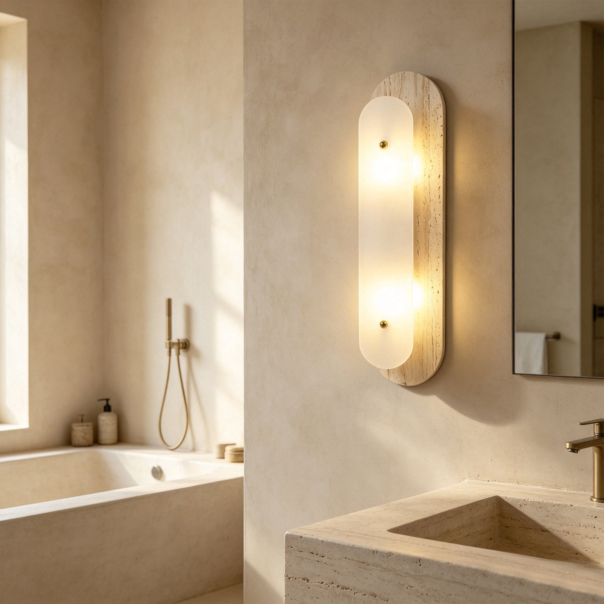 Modern 2-Light 19.68in Travertine and Alabaster LED Flush Mount Wall Sconce with Brass Accent