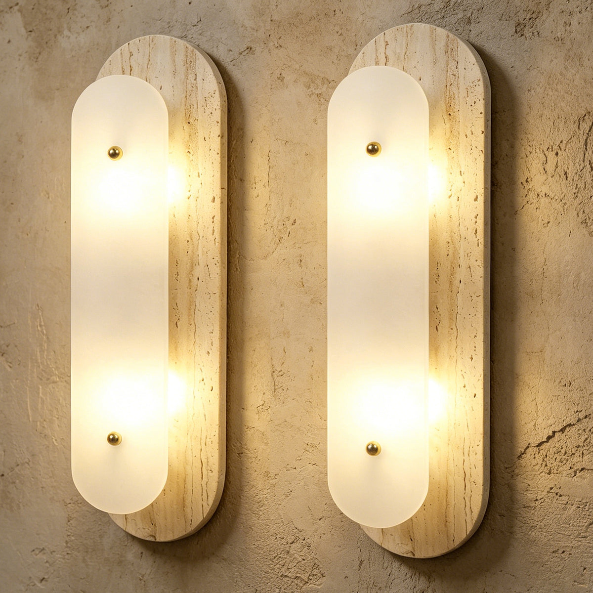 Modern 2-Light 19.68in Travertine and Alabaster LED Flush Mount Wall Sconce with Brass Accent