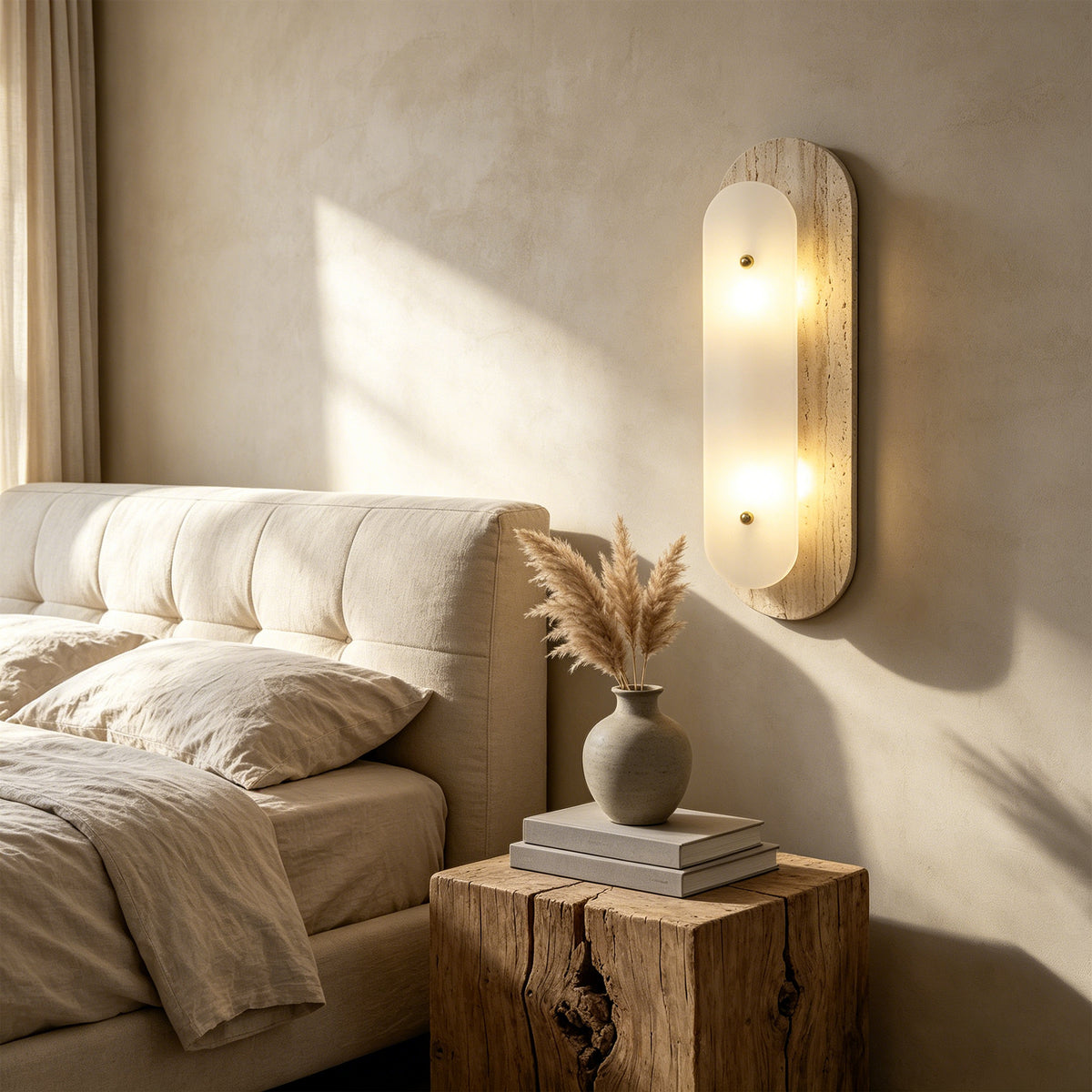 Modern 2-Light 19.68in Travertine and Alabaster LED Flush Mount Wall Sconce with Brass Accent