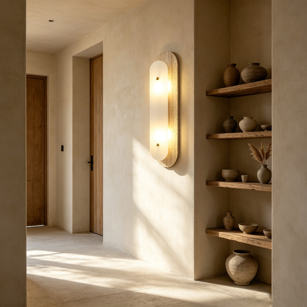 Modern 2-Light 19.68in Travertine and Alabaster LED Flush Mount Wall Sconce with Brass Accent